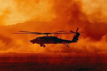 Fototapeta premium Apache attack helicopter in action desert landscape dramatic aerial shot fiery environment military concept