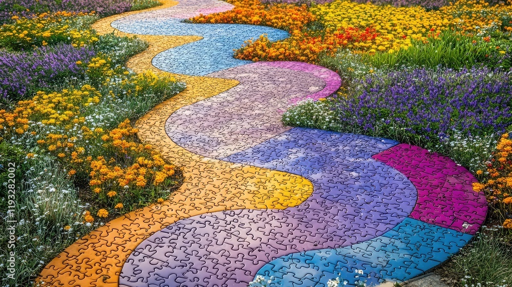 Poster colorful puzzle path through a vibrant meadow, symbolizing problem-solving and success