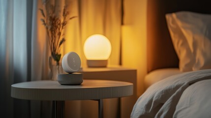 A contemporary smart sleep tracker on a chic bedside table in a modern bedroom, symbolizing the integration of technology in improving sleep quality, Bedroom scene