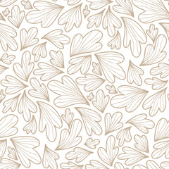 Abstract leaves, beige color, simple illustration, white background. Seamless floral pattern-586.