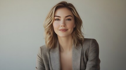 Obraz premium Confident young professional woman poses in a stylish blazer against a neutral background in a well-lit studio