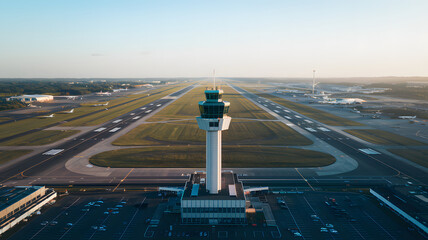 Fototapeta premium Air traffic control tower overseeing a bustling airport, ensuring safe and efficient aircraft movements, symbolizing coordination and precision in aviation operations.