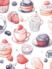 Delicious hand-drawn cupcake and fruit pattern.
