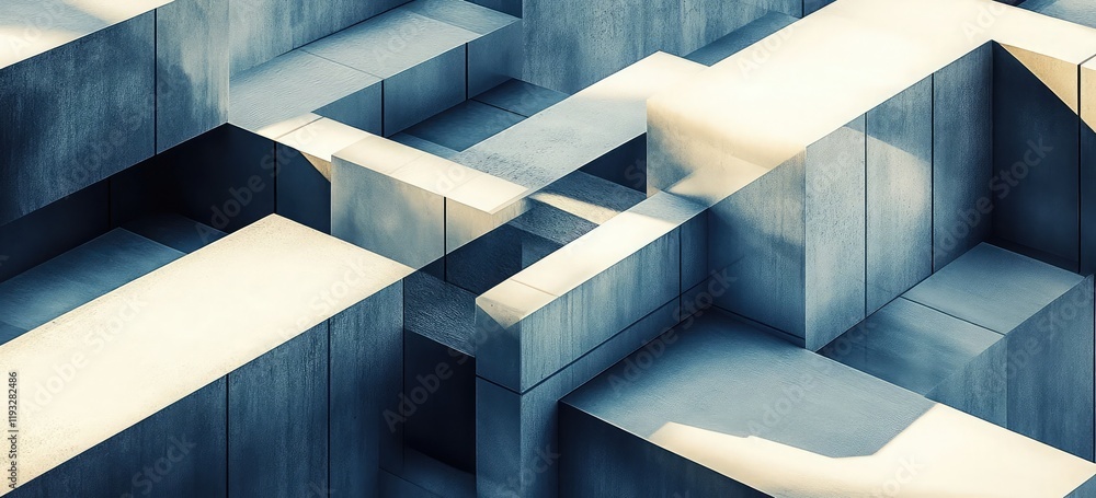 Poster complex arrangements of blocks with sharp geometric lines and shadows
