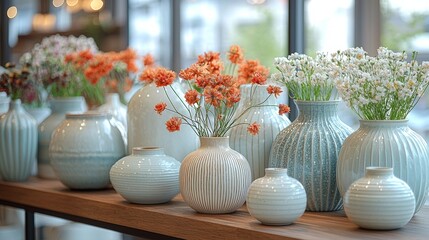 Obraz premium Modern vases with fresh flowers on a sunny table