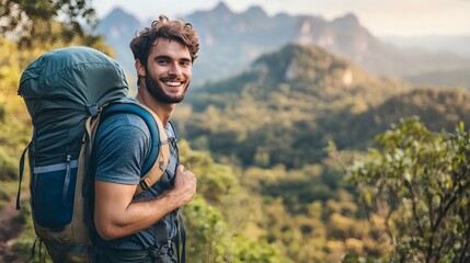 Solo traveler enjoying nature with backpack while exploring scenic mountains in the afternoon light