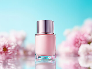A stylish pink nail polish bottle stands prominently against a soft blue background, surrounded by delicate flowers, exuding elegance and beauty.