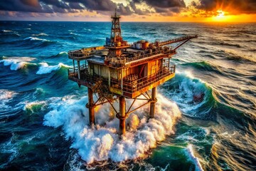 Obraz premium Aerial View of Offshore Oil Rig Platform - Industrial Structure, Ocean Energy, Drilling Platform, Industrial Photography, Energy Production