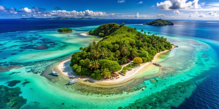 Aerial View of Papugi Island: Lush Tropical Landscape, Turquoise Waters