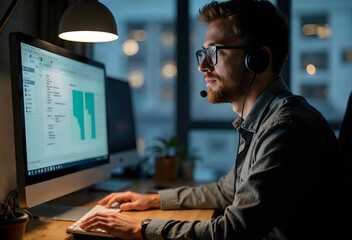 Young man engaged in customer service while using a headset and working on a computer	