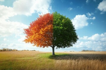 A tree showcasing vibrant autumn leaves on one side and lush green foliage on the other against a blue sky.