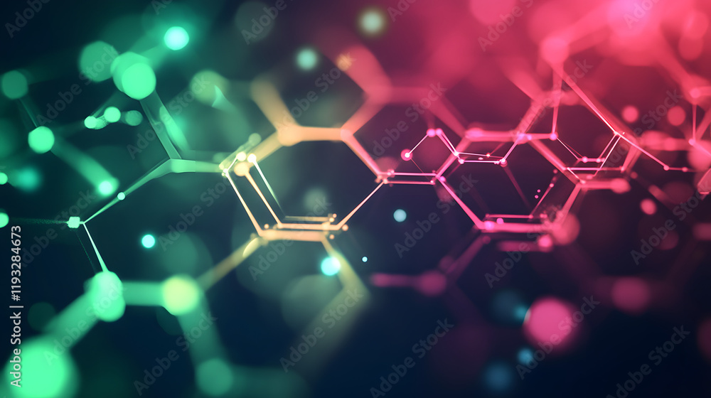 Aufkleber a futuristic abstract image of glowing hexagonal patterns in neon pink and green, symbolizing connec