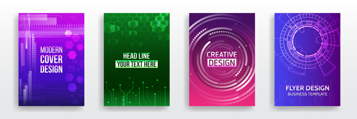 Scientific cover template for presentation, banner. Page layout set for sci-fi. Set of high-tech covers for marketing. Modern technology design for posters. Futuristic background for flyer, brochure.