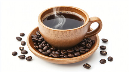 Fototapeta premium A coffee cup with steam rising from it, placed on a wooden saucer with scattered coffee beans around it.A coffee cup with steam rising from it, placed on a wooden saucer with scattered coffee beans ar