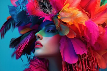 A close-up of a model with vibrant feathers and bold makeup against a blue background.