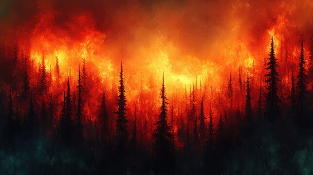 Fiery forest wildfire inferno, smoke-filled sky, environmental disaster