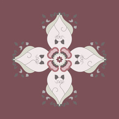Pattern. Relaxed cat meditating. Colors. Pink burgundy, gray, green.
