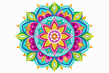 Bright and vibrant rangoli art with multiple colors and intricate detailing in a circular floral pattern, on a white background.