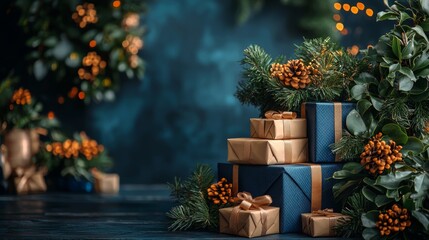 Holiday gift boxes surrounded by festive greenery