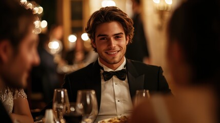 A young man receiving compliments about his handsome features during a formal dinner with friends - obrazy, fototapety, plakaty