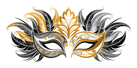 Elegant Pair of Venetian Masquerade Masks: Gold and Silver with feathers and intricate details, Decorative Designs for Festive Events  on a white background.