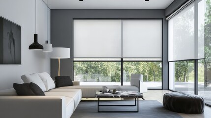 Fototapeta premium A contemporary smart window treatment system with automated controls in a minimalist living room, symbolizing advanced home automation and comfort, Living room scene