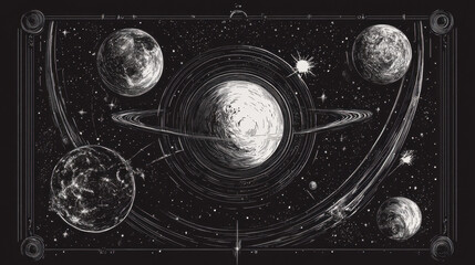 Celestial bodies in detailed cosmic illustration.