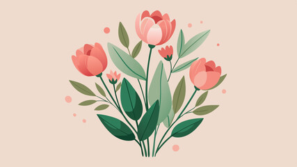 Elegant Pink Tulip and eucalyptus on pastel beige for delicate and natural themed editing project with floral aesthetic floral Arrangement, Minimalist Botanical Illustration for Decor and Design.