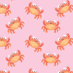 Cute crab seamless pattern on pink background in flat style,Cartoon crab with happy smile vector hand drawen pattern, seafood, restorant backdrop concept