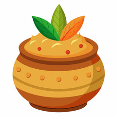 raditional clay pot filled with sweet pongal topped with leaves and spices, Indian festive dish, on a white background.