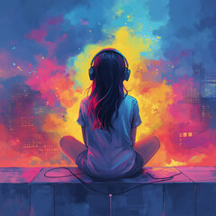 Girl sitting on a rooftop, enjoying music with headphones