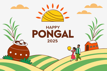 Vibrant happy Pongal 2025 art illustrating rural landscapes, traditional pots, and sunlit fields, embodying the essence of gratitude and prosperity during the harvest season.