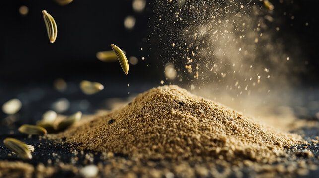 fennel seed and fennel powder flying in air