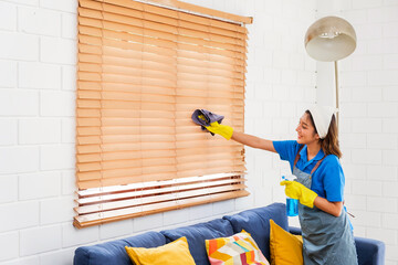 A woman in gloves cleans wooden blinds in a bright living room, showcasing a tidy space with a blue...