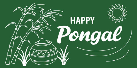 Minimalist pongal design with traditional pot sugarcane and sun in white line art on green festive backdrop.