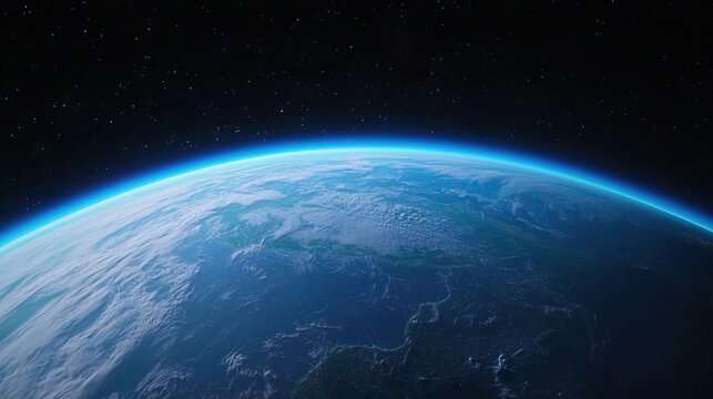 Peaceful Blue Sunrise Illuminating Earth from Space Perspective, Blue sunrise earth concept.