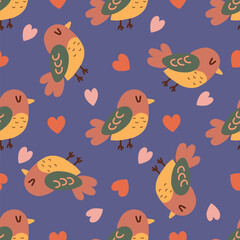 Birds and hearts. Seamless pattern of cute birds and hearts on blue background. Perfect for nursery decor, fabrics, wrapping paper, wallpapers and cheerful designs with birds. Vector illustration.
