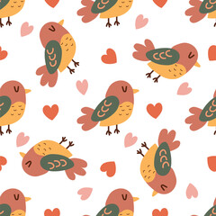 Birds and hearts. Seamless pattern of cute birds and hearts on white background. Perfect for nursery decor, fabrics, wrapping paper, wallpapers and cheerful designs with birds. Vector illustration.