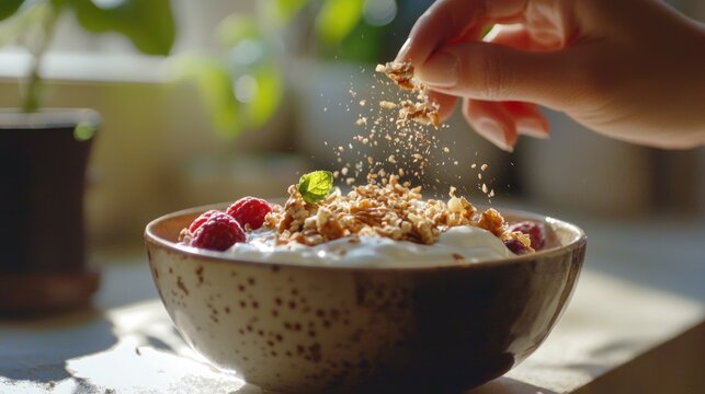 A handful of nuts being sprinkled over a bowl of yogurt and berries, adding a crunchy texture to the healthy breakfast