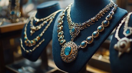A display of handcrafted jewelry at a local market, the intricate details and unique designs captivating passersby