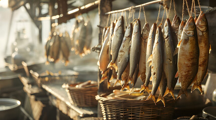 Traditional Coastal Market Stall Displaying Smoked Kippers at Dawn Amid Salty Sea Air and Foggy Morning Light