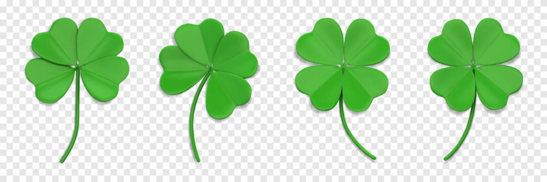 Green clover leaf 3D. Quatrefoil leaves. Shamrock symbol of lucky and Irish holiday St. Patrick Day. Design element isolated on a transparent background