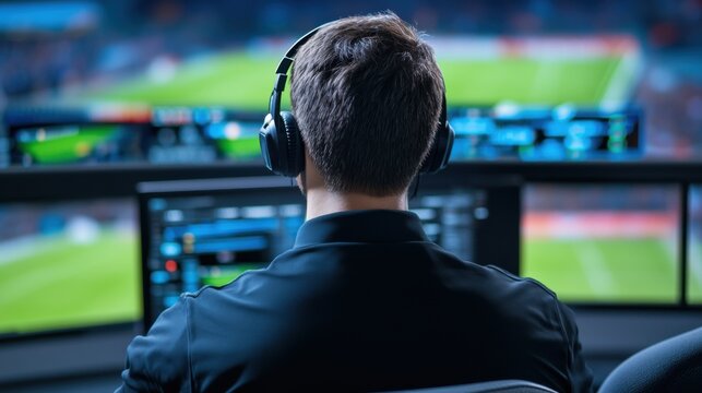 Sports Analyst Monitoring Game with Headphones and Multiple Screens in Modern Control Room Environment