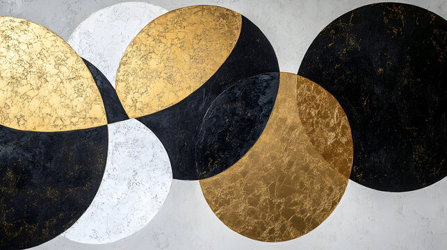 A minimalist abstract representation of interlocking circles in black, white, and gold, arranged to form a modern and balanced composition 