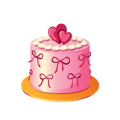 Bento cake decorated with bows and two hearts on top. Valentine's Day dessert. Cake as a gift. Vector illustration