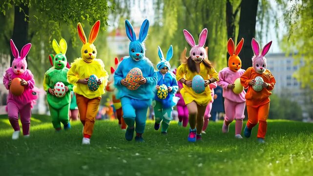 Easter marathon with energetic people dressed as colorful bunnies, enjoying a lively spring celebration, running while holding decorated eggs in a green park