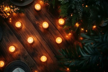 Cozy Winter Candles Fairy Lights on Rustic Wood