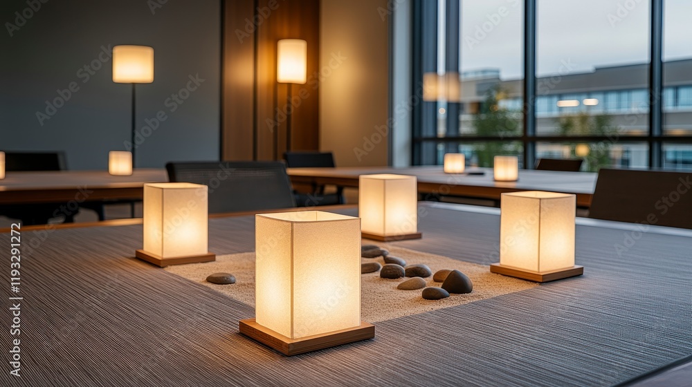 Poster luxurious modern workspace featuring illuminated lanterns and minimalist dã©cor creating a serene at