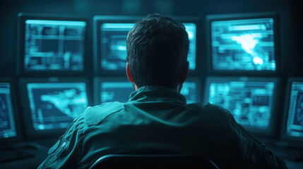 Cybersecurity analyst monitoring multiple screens in a darkroom with data visualization