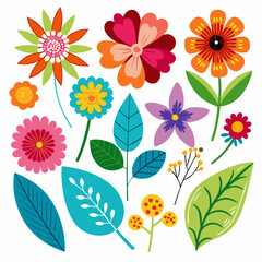 A diverse collection of brightly colored, flat, stylized flowers, leaves, and branches 